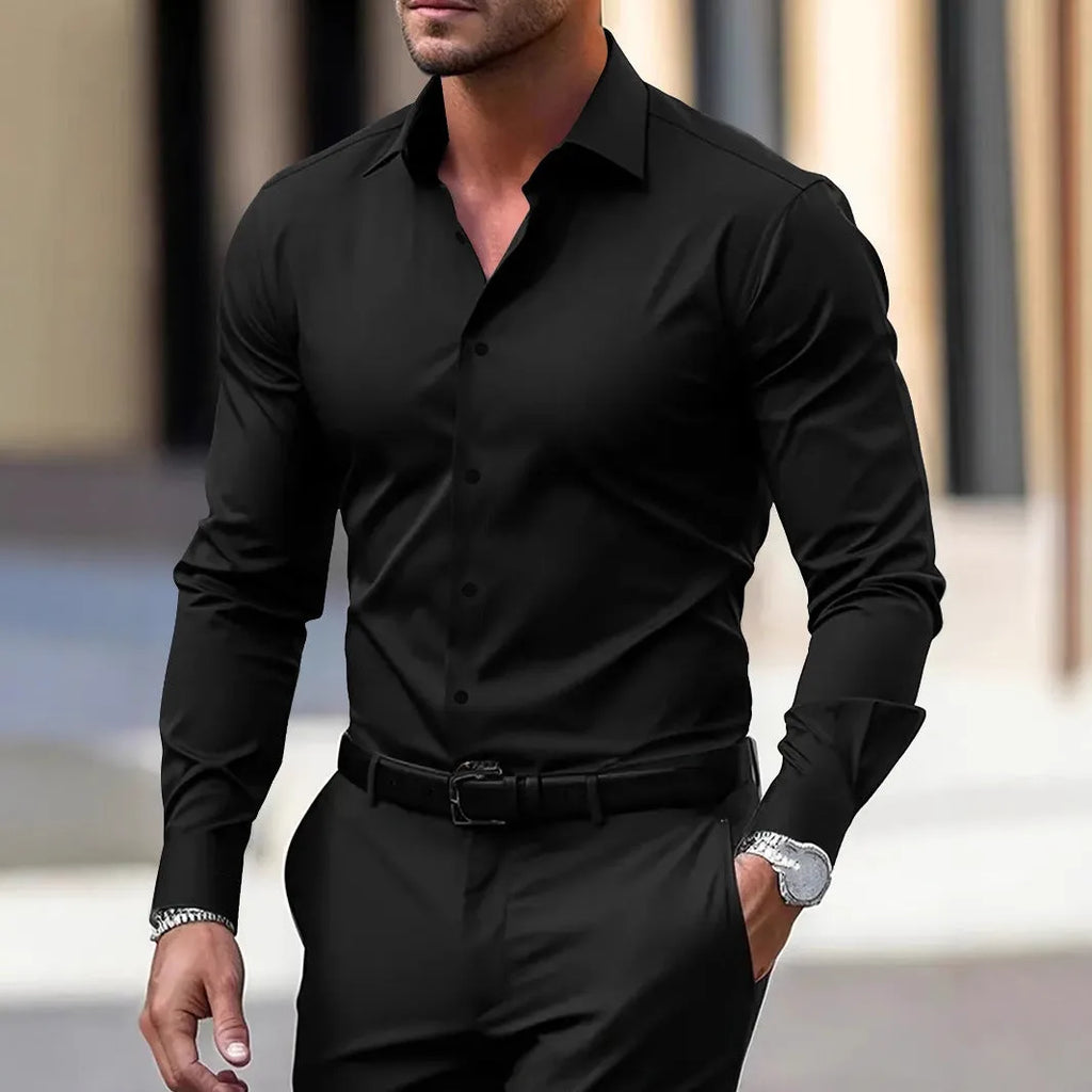 Men's long sleeve solid colour button down shirt with lapel collar in navy blue polyester velvet fabric