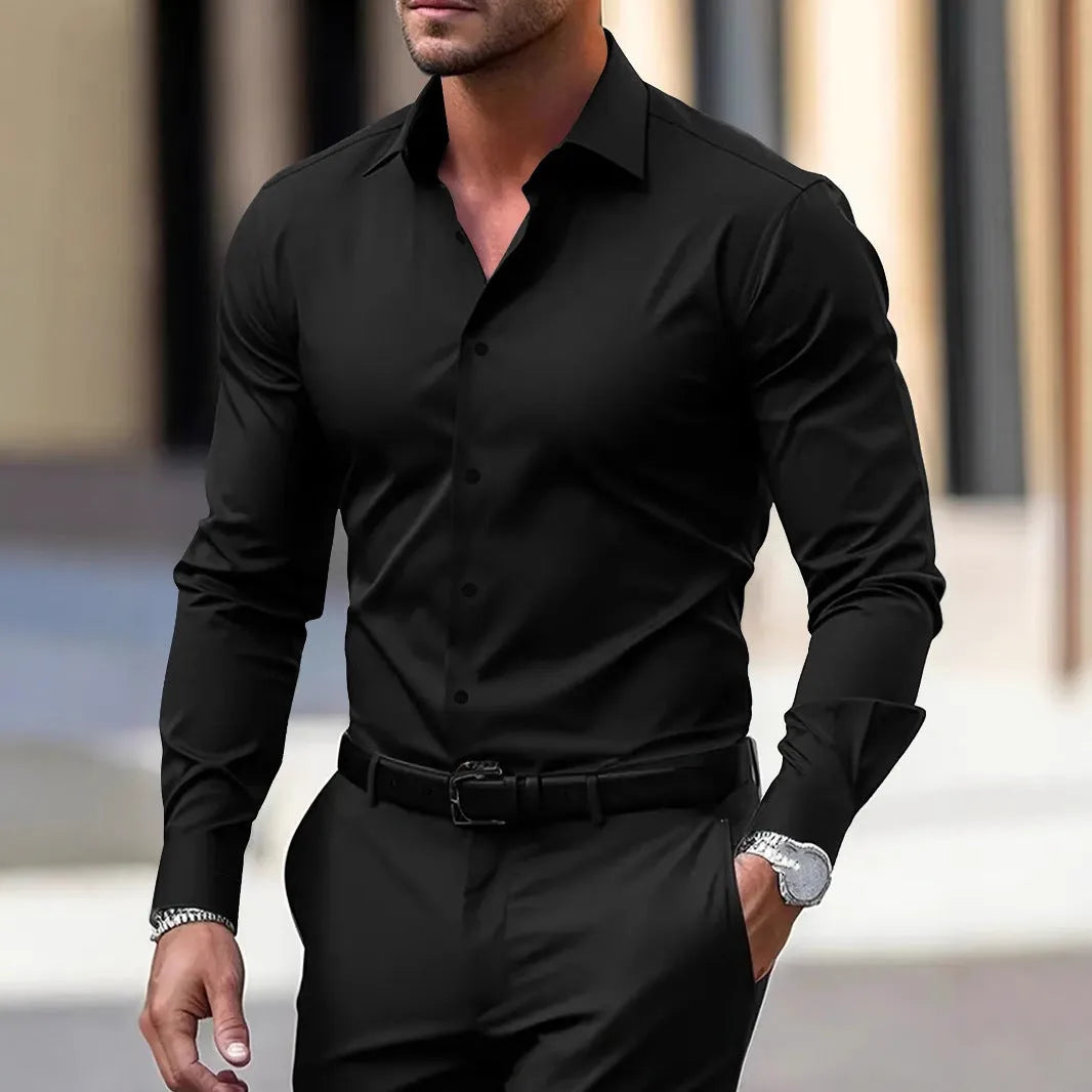 Men's long sleeve solid colour button down shirt with lapel collar in navy blue polyester velvet fabric