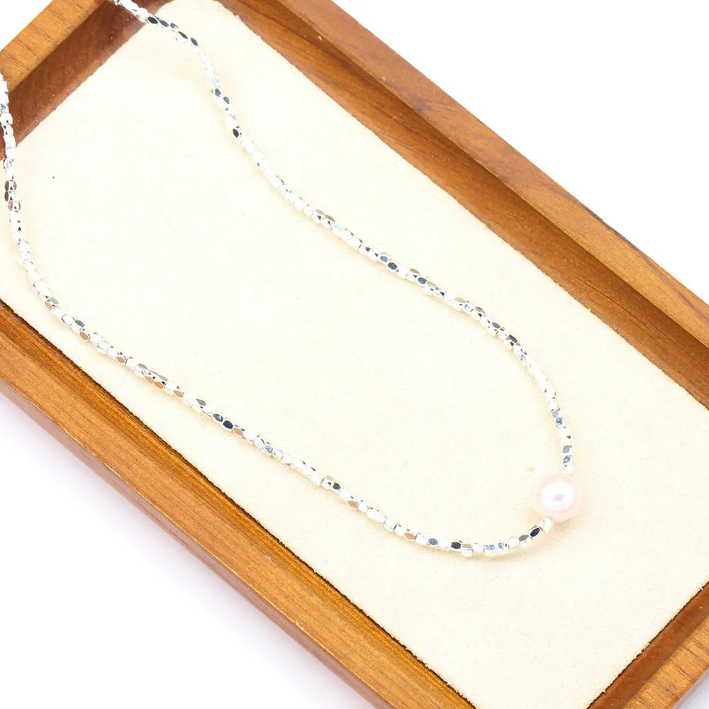 New cute broken silver necklace with natural pearl pendant and colourful beads on collarbone chain