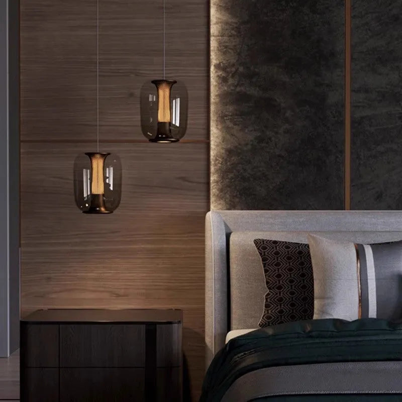 Nordic minimalist ceiling chandelier in transparent, cognac, or smoky grey, 16cm diameter.