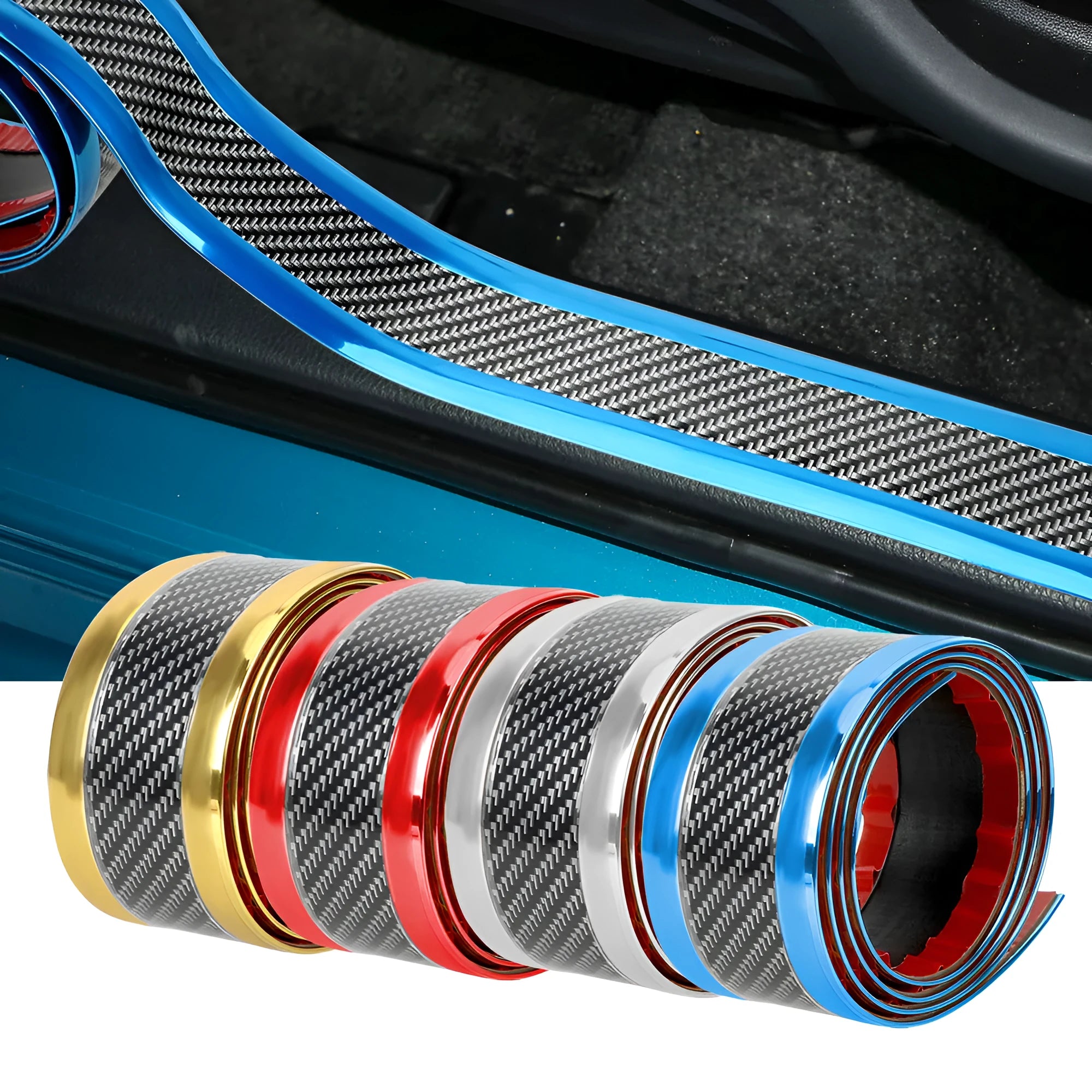 Carbon fibre pattern car door sill protective sticker 1 metre by 3 centimetres in five colours