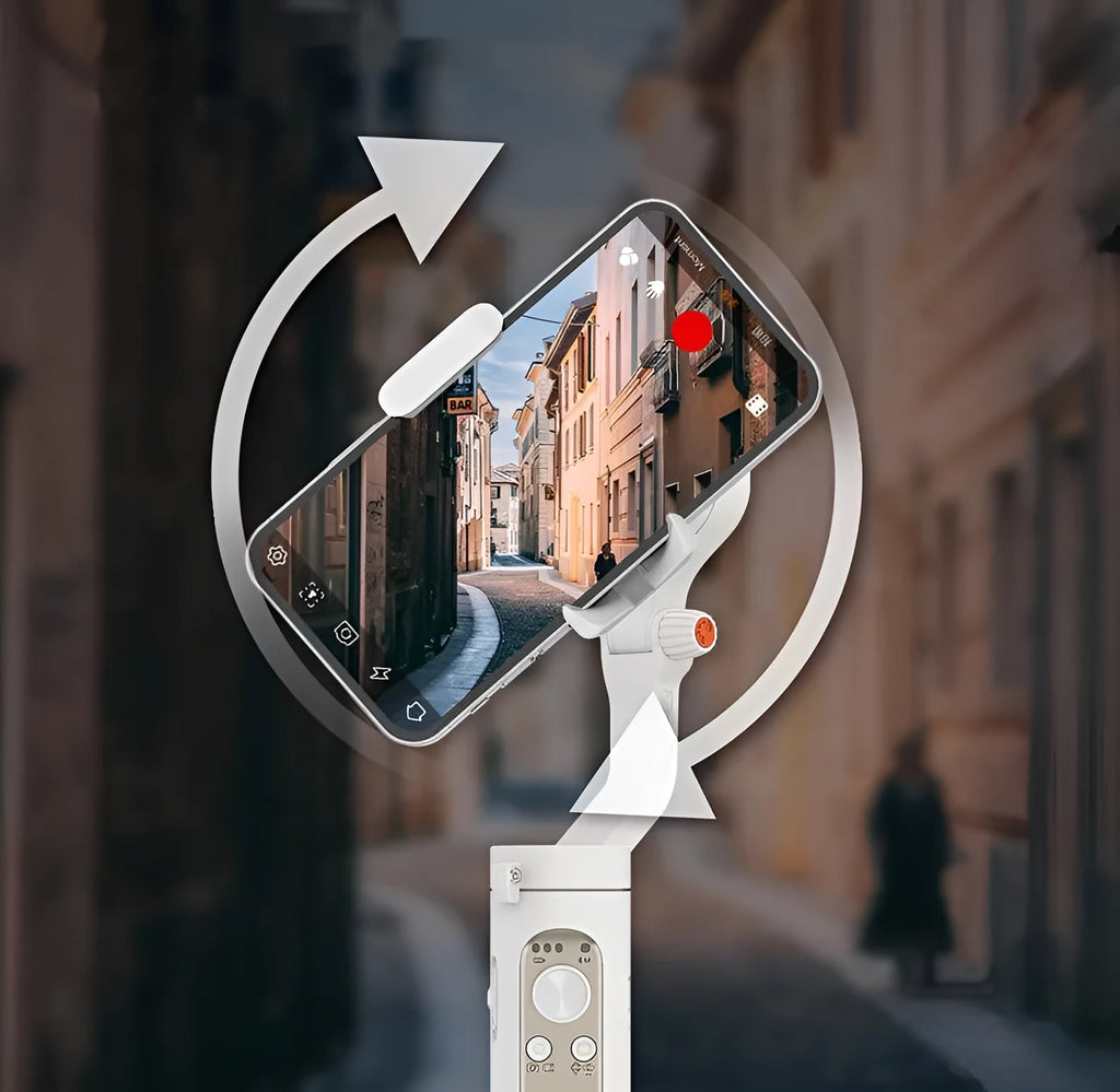 Black 3-axis mobile phone stabilizer gimbal shown in folded position next to a selfie stick.