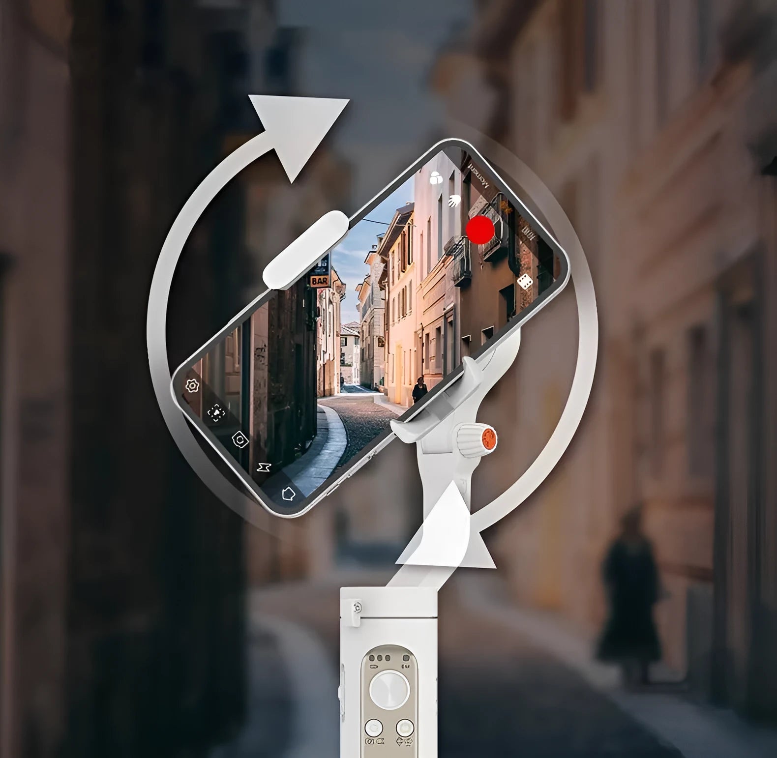 Black 3-axis mobile phone stabilizer gimbal shown in folded position next to a selfie stick.