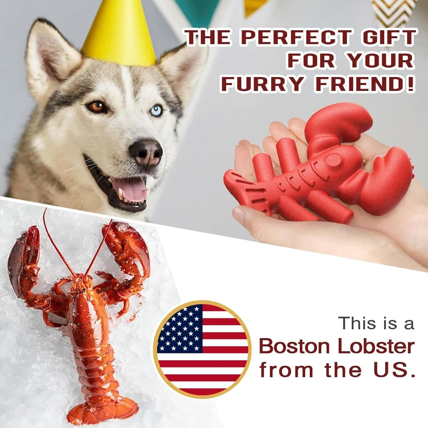 Red durable dog chew toy for large aggressive chewers, shown with size dimensions.