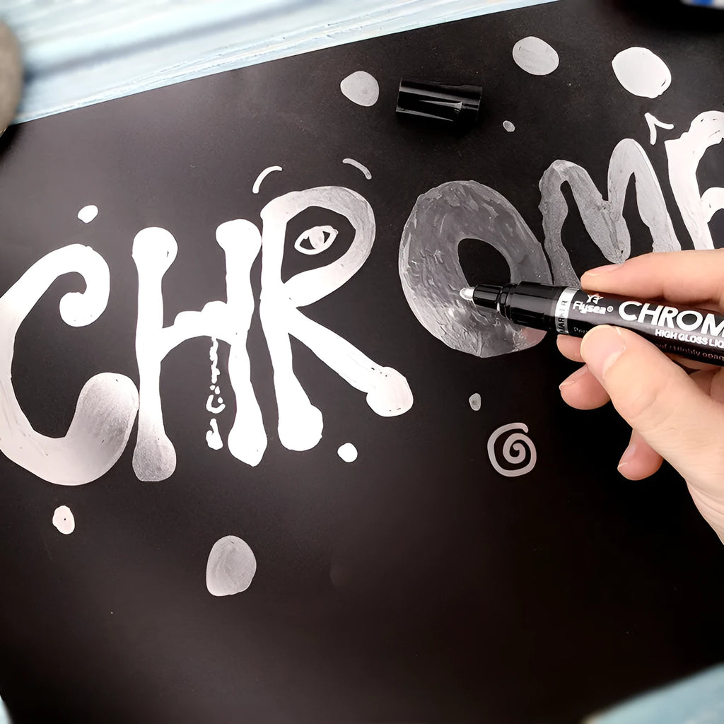 Flysea reflective chrome pen with metal tip for writing on glass, ceramic, and plastic surfaces.