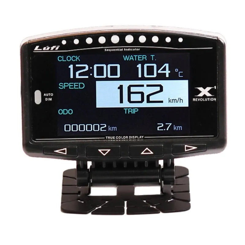 X1 automotive OBD diagnostic instrument with LED display and metal construction showing thickness measurement