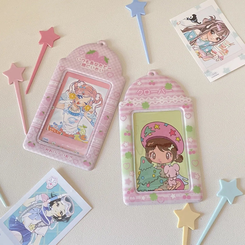 PVC card holder pendant with Strawberry or Four-Leaf Clover cartoon design on clear sleeve.