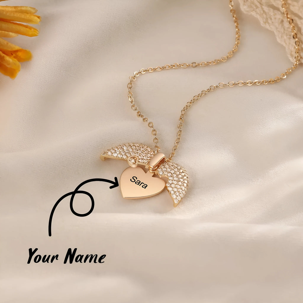 Personalised real gold tone heart locket necklace with zirconia pave and custom engraving on titanium steel chain.