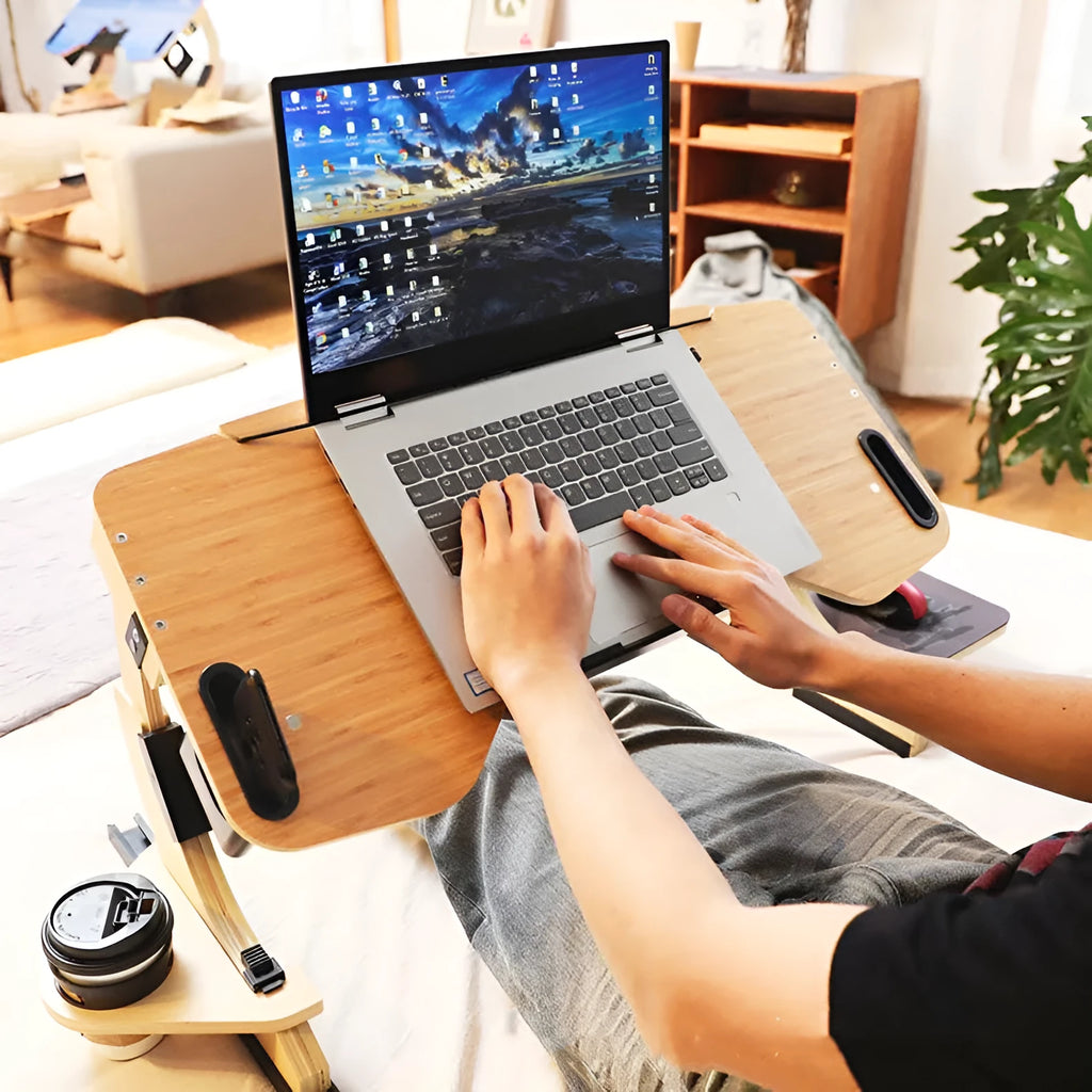 White maple wooden folding bed table with laptop at an angle, showing hinge and storage size.