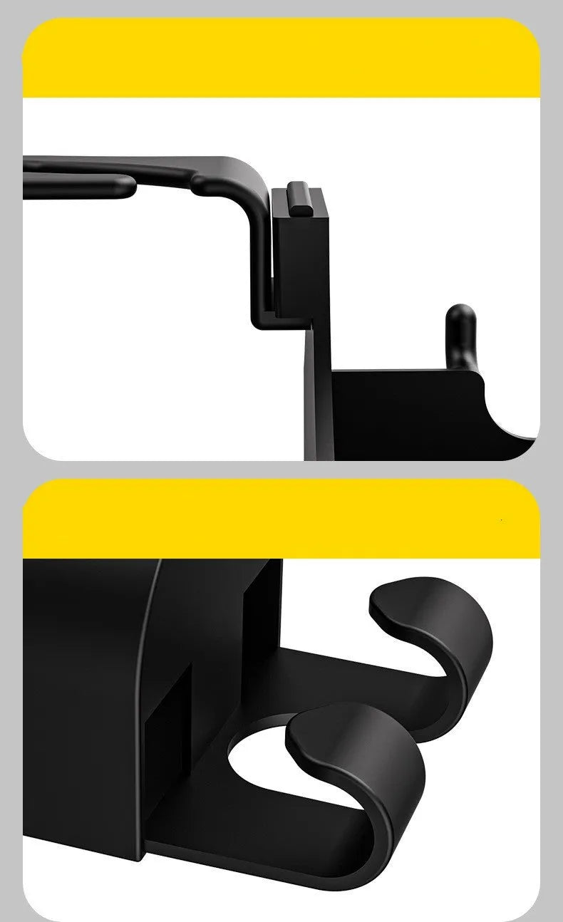 Black plastic car seat back hook organiser with a cup holder and a separate hanging hook.