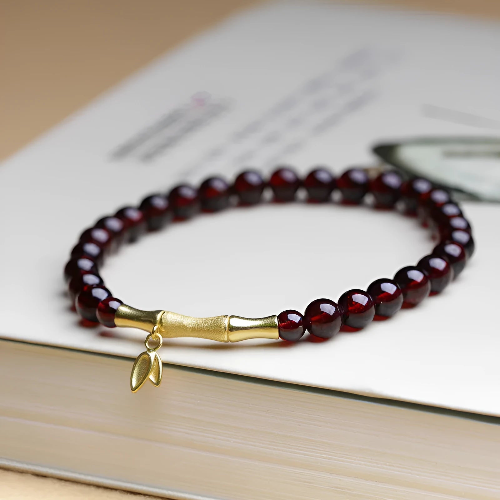 6mm natural garnet bamboo joint single ring bracelet with manual processing