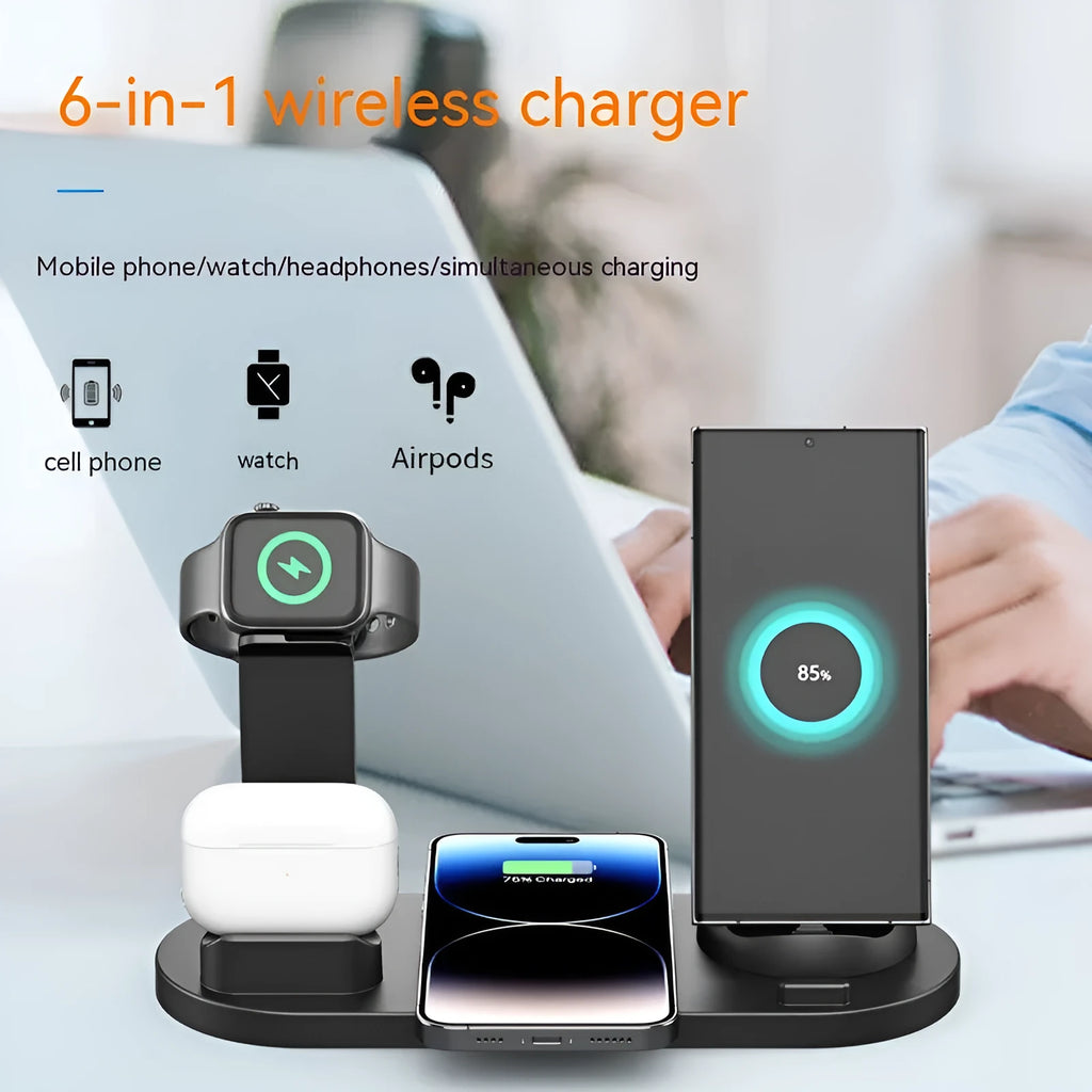 Black three-in-one wireless charger and phone holder on a desk showing iPhone charging.