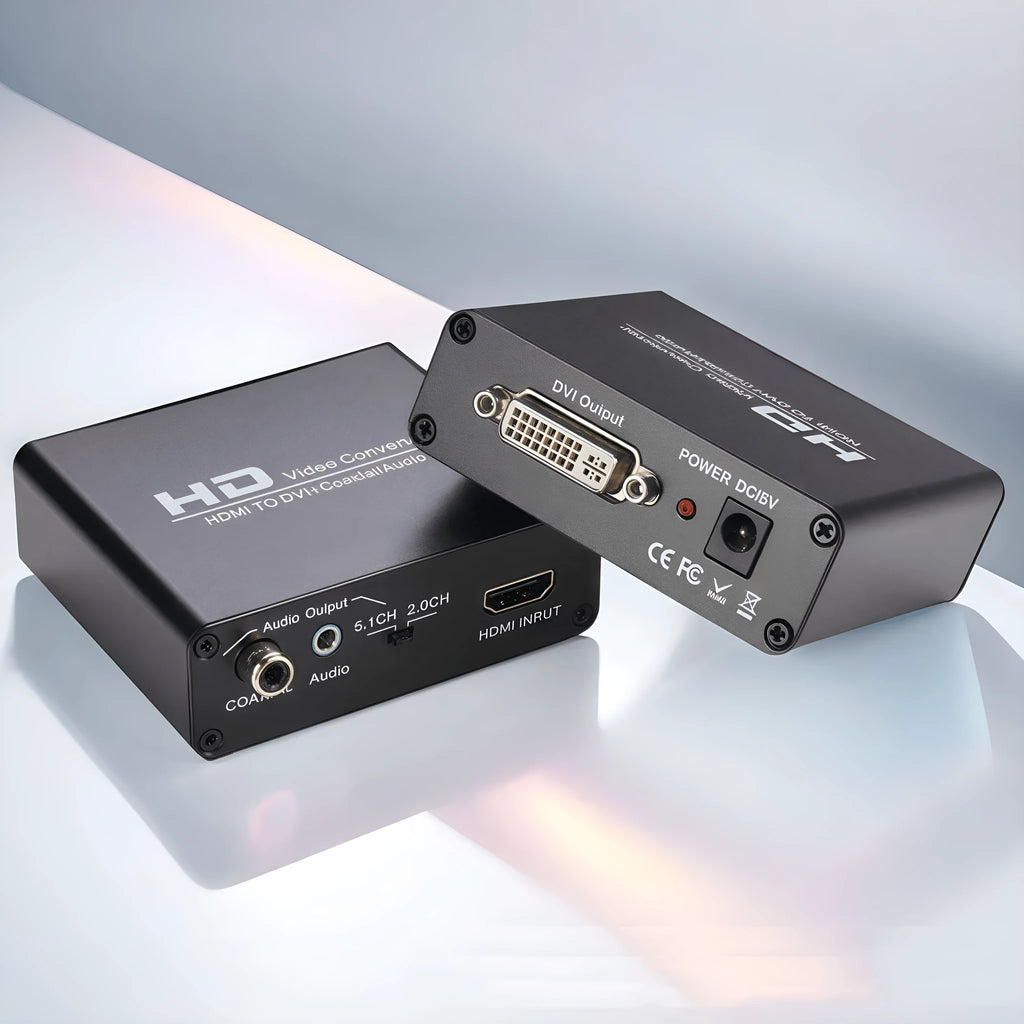 Black HDMI to DVI converter cable with 3.5mm audio output jack, 1.5 metres long.
