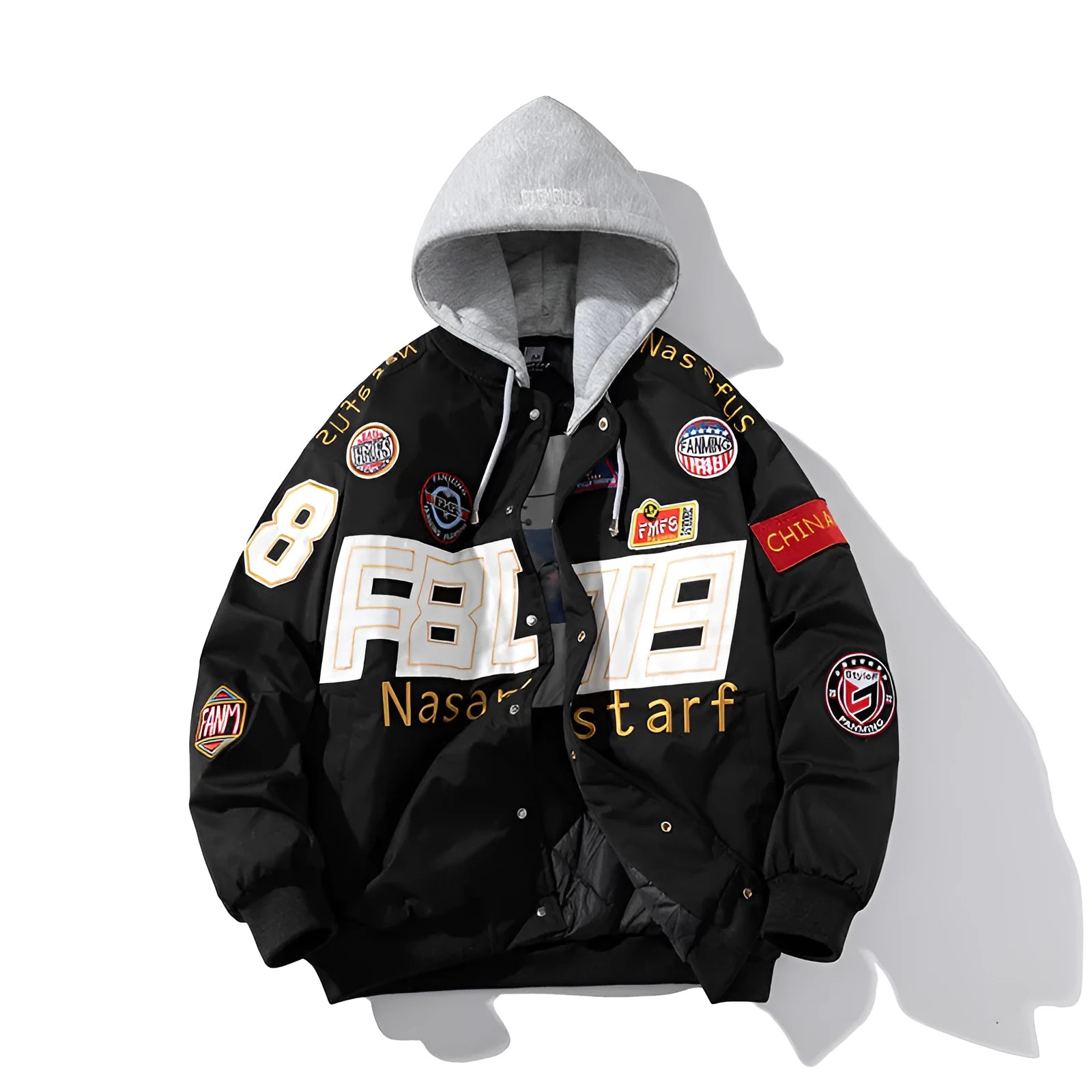 Black loose-fit motorcycle baseball jacket with detachable hood on a hanger