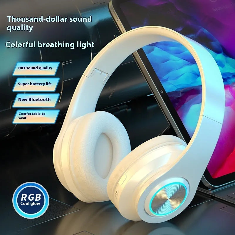 Wireless Bluetooth gaming headset in black, shown with LED breathing lights and a head-mounted design.