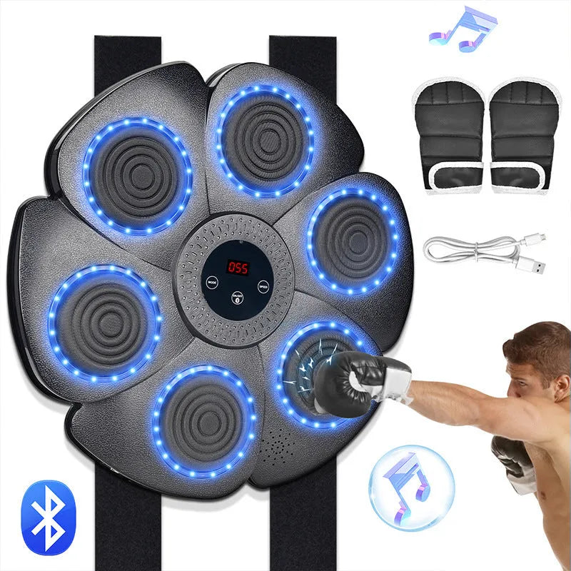 Black plastic smart boxing wall target with LED lights and included half-finger gloves.
