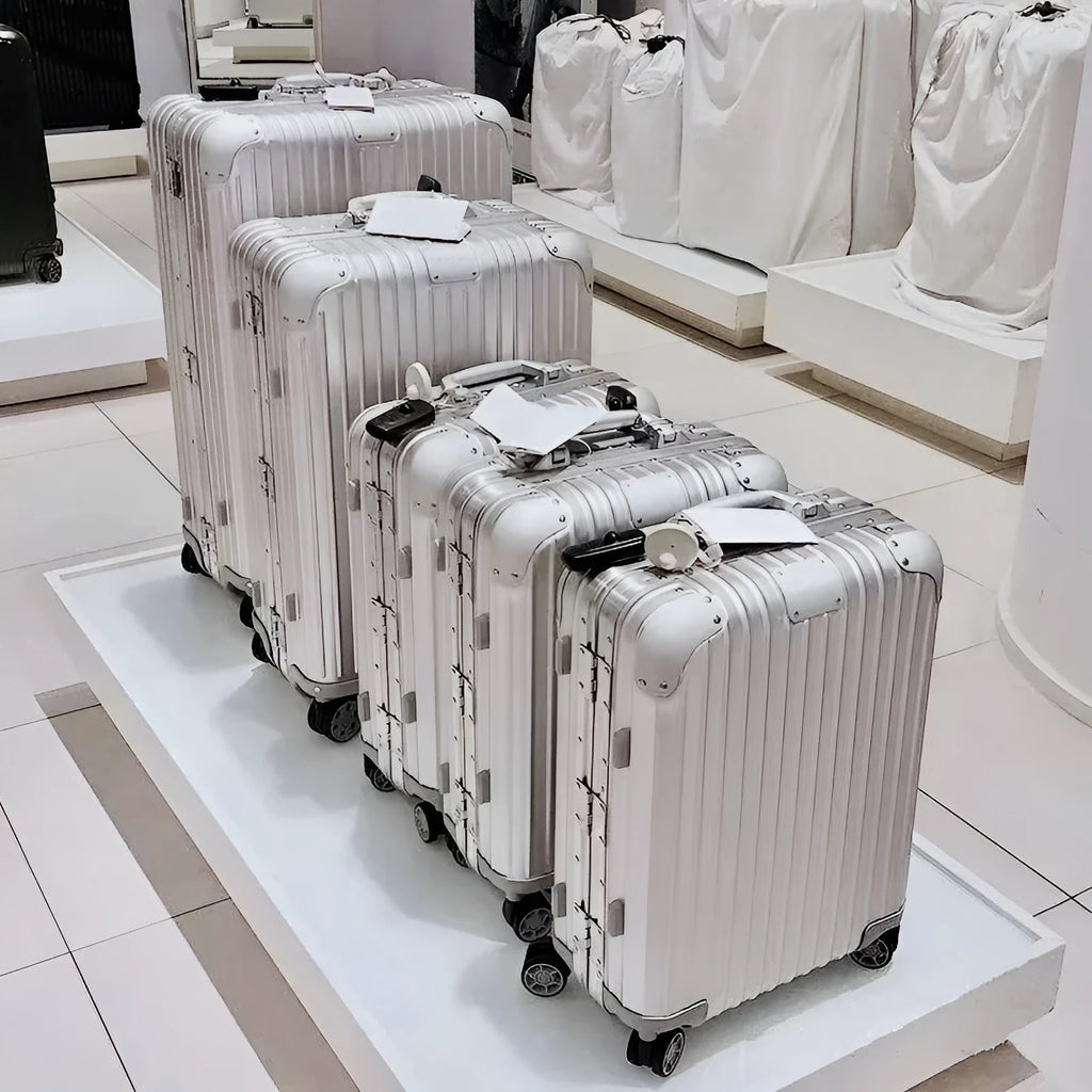 Aluminium magnesium alloy trolley case in classic finish on white background with wheels