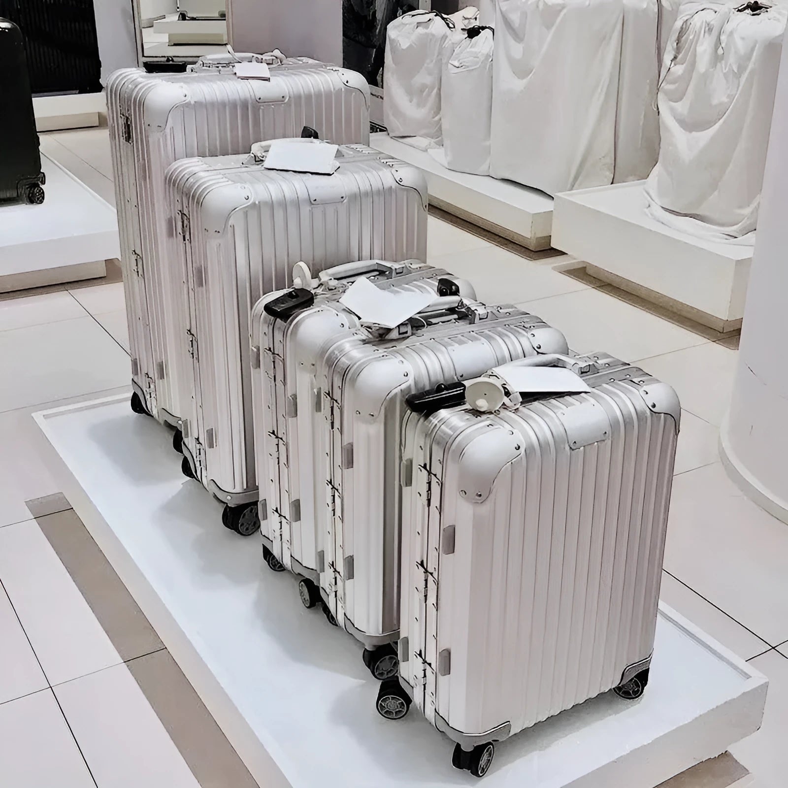 Aluminium magnesium alloy trolley case in classic finish on white background with wheels