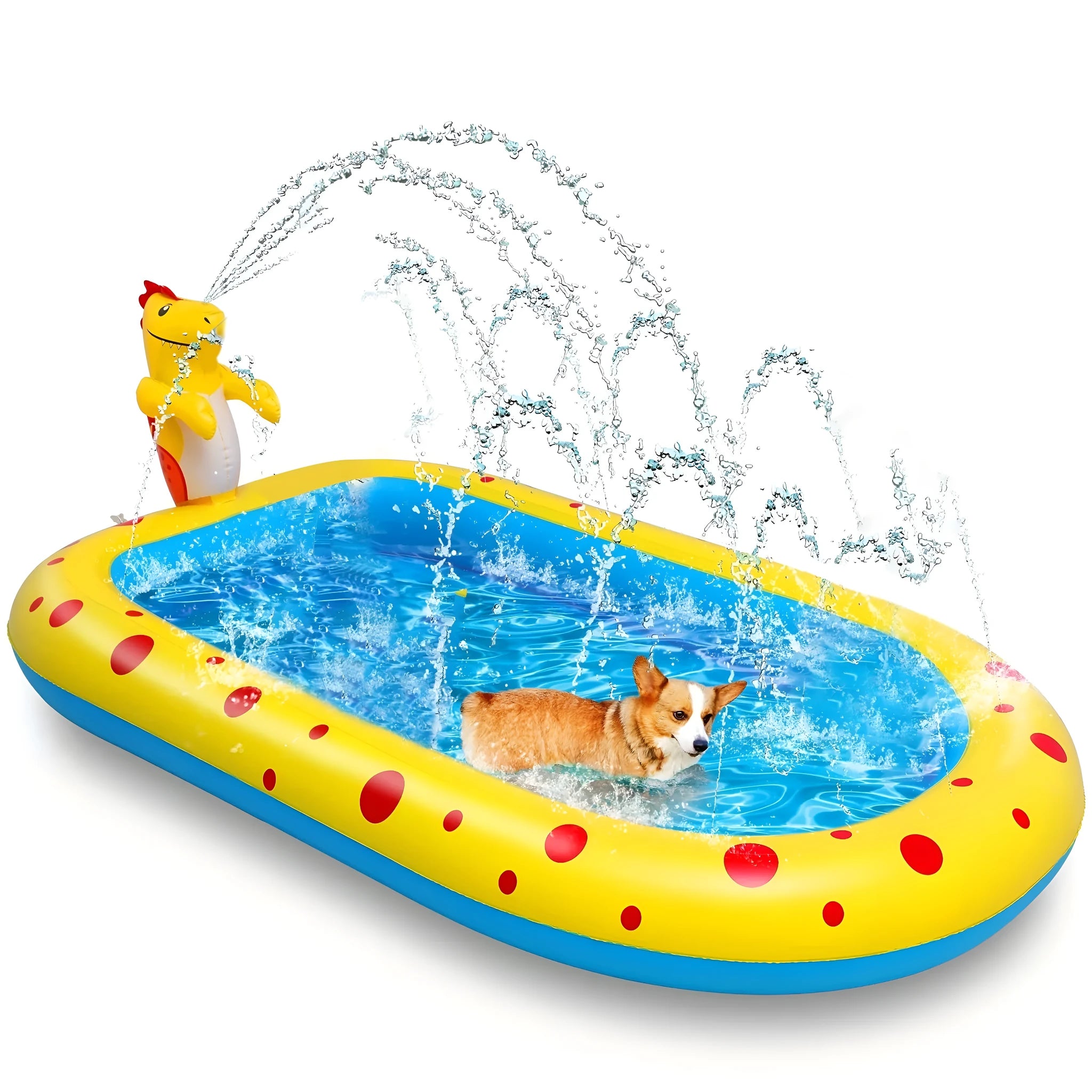 Blue dinosaur-shaped inflatable pool with spray jets for children's water play