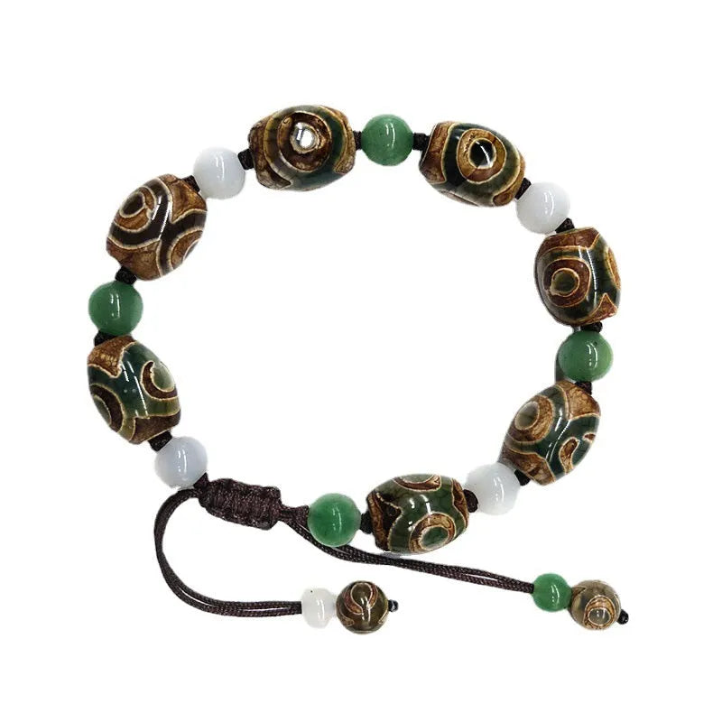 Green agate Tibet beads bracelet with hand-woven ethnic style and geometric patterns
