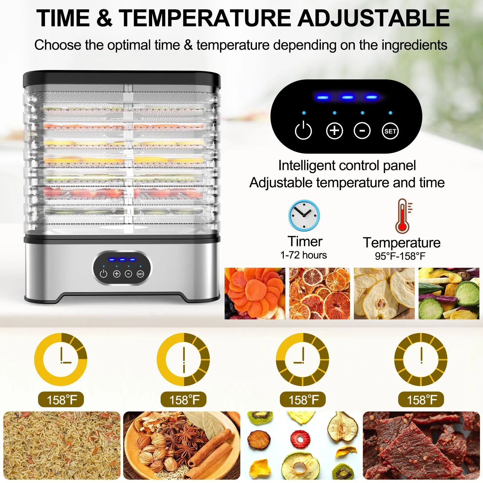Silver and red household food dehydrator with 8 stacking trays, showing compact design and control panel.