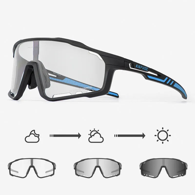 Photochromic cycling sunglasses with semi-rimless TR90 frame in one of 14 colour options.