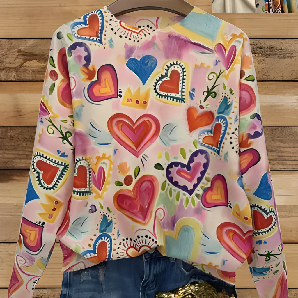 Loose fit lapel collar top with a digital print design, shown in a plus size.