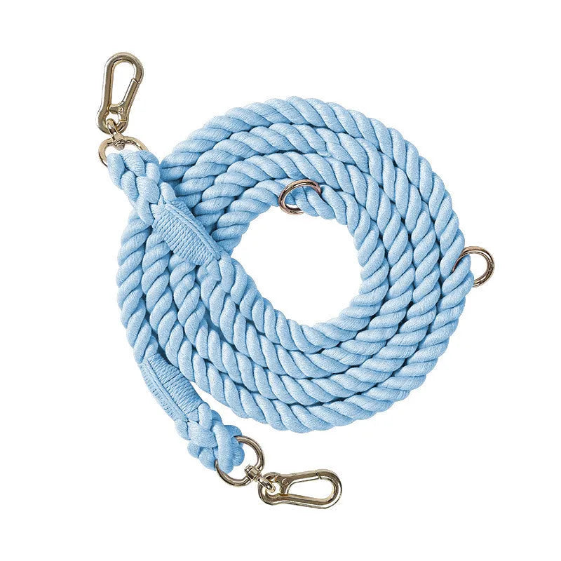 Woven rainbow coloured dog leash with clips at both ends, shown in a choice of colours with silver or gold fittings.