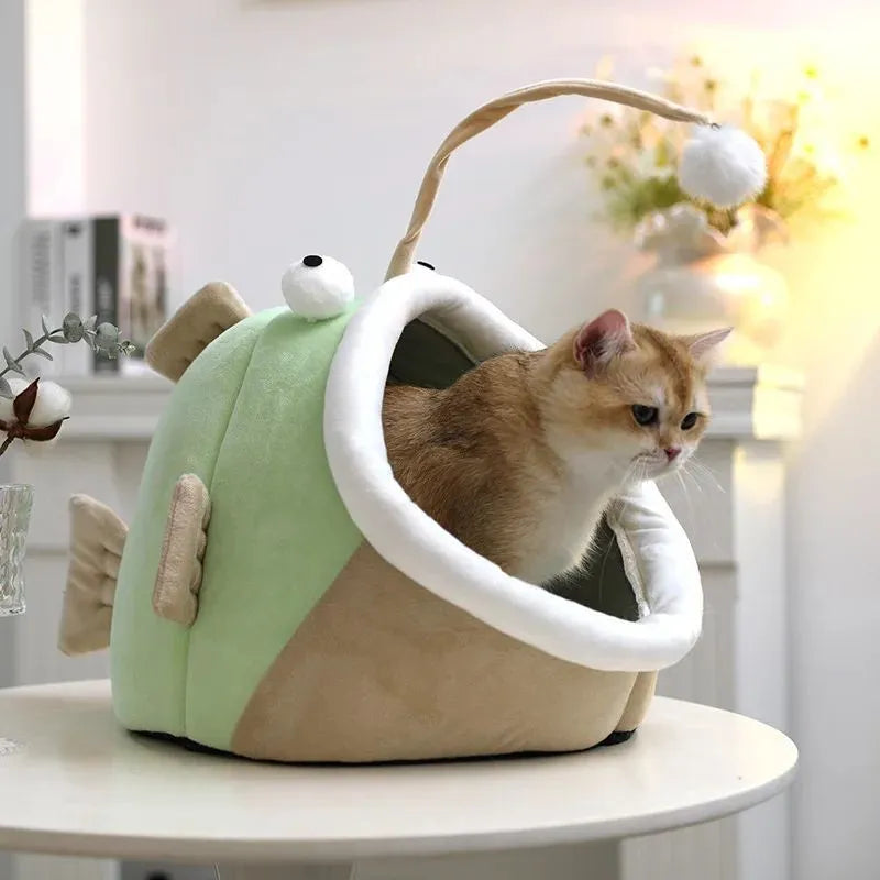 Grey semi-closed cat house with deerskin velvet fabric shown in small, medium, and large sizes.
