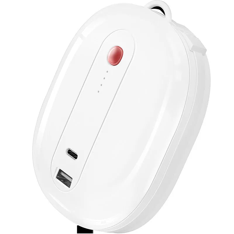 White two-in-one power bank with AC plug showing 10000mAh capacity and compact dimensions