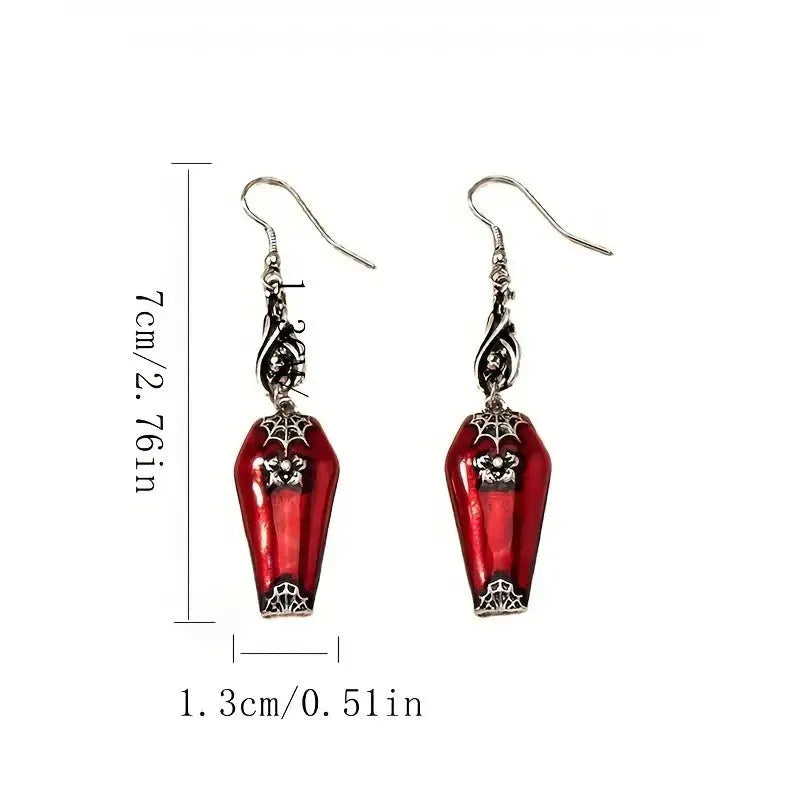 Red alloy Halloween earrings with bat and spider geometric drop design