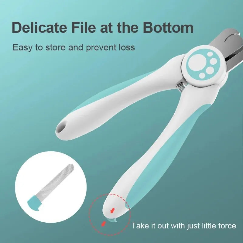 Blue and white pet nail clippers with ergonomic handle and safety stop mechanism