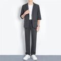 Light business summer suit with half sleeve jacket and trousers in thin cotton fabric