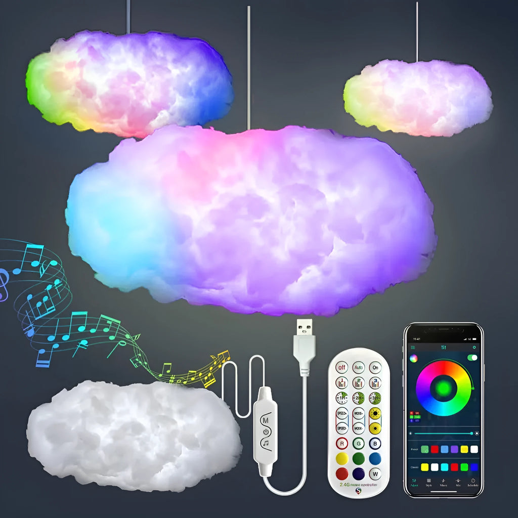 White fabric cloud pendant lamp with multi-colour RGBIC LED lighting and a USB cable.