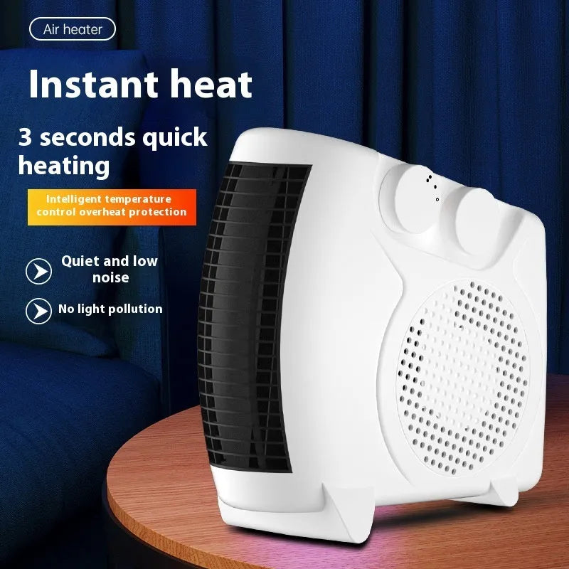 Compact white desktop electric heater with power settings and two-speed fan.
