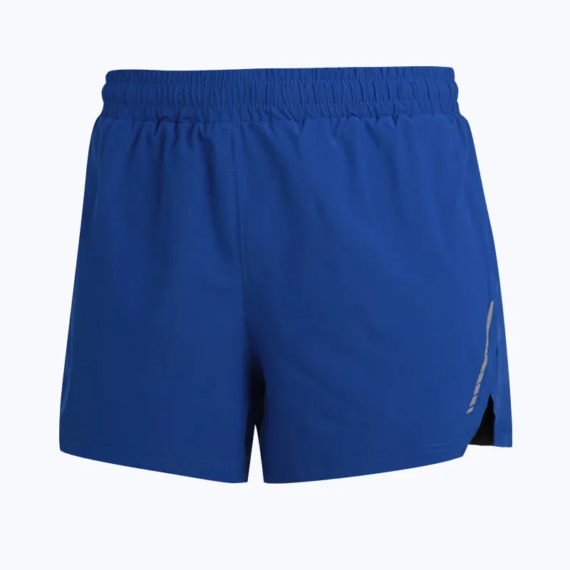 Grey straight-leg men's running shorts made from quick-drying polyester fabric on a mannequin.