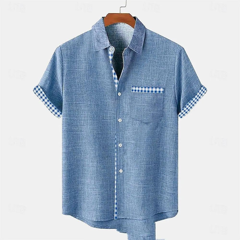 Linen short-sleeve T-shirt with a blue ocean fish design on the lapel, shown in a loose casual fit.