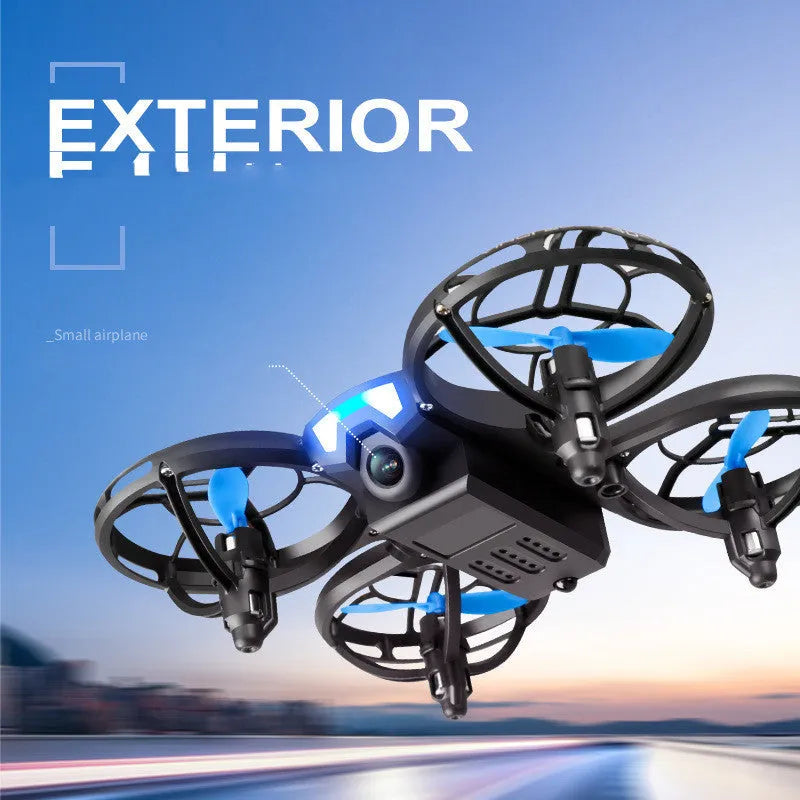 Blue or orange V8 mini remote control drone with propellers, showing compact size under 30cm.