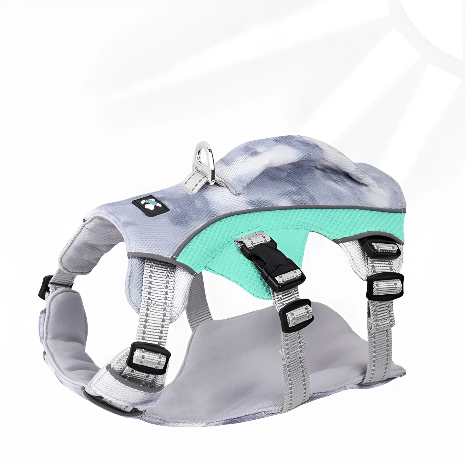 Reflective light blue dog chest strap showing size and polyester material.