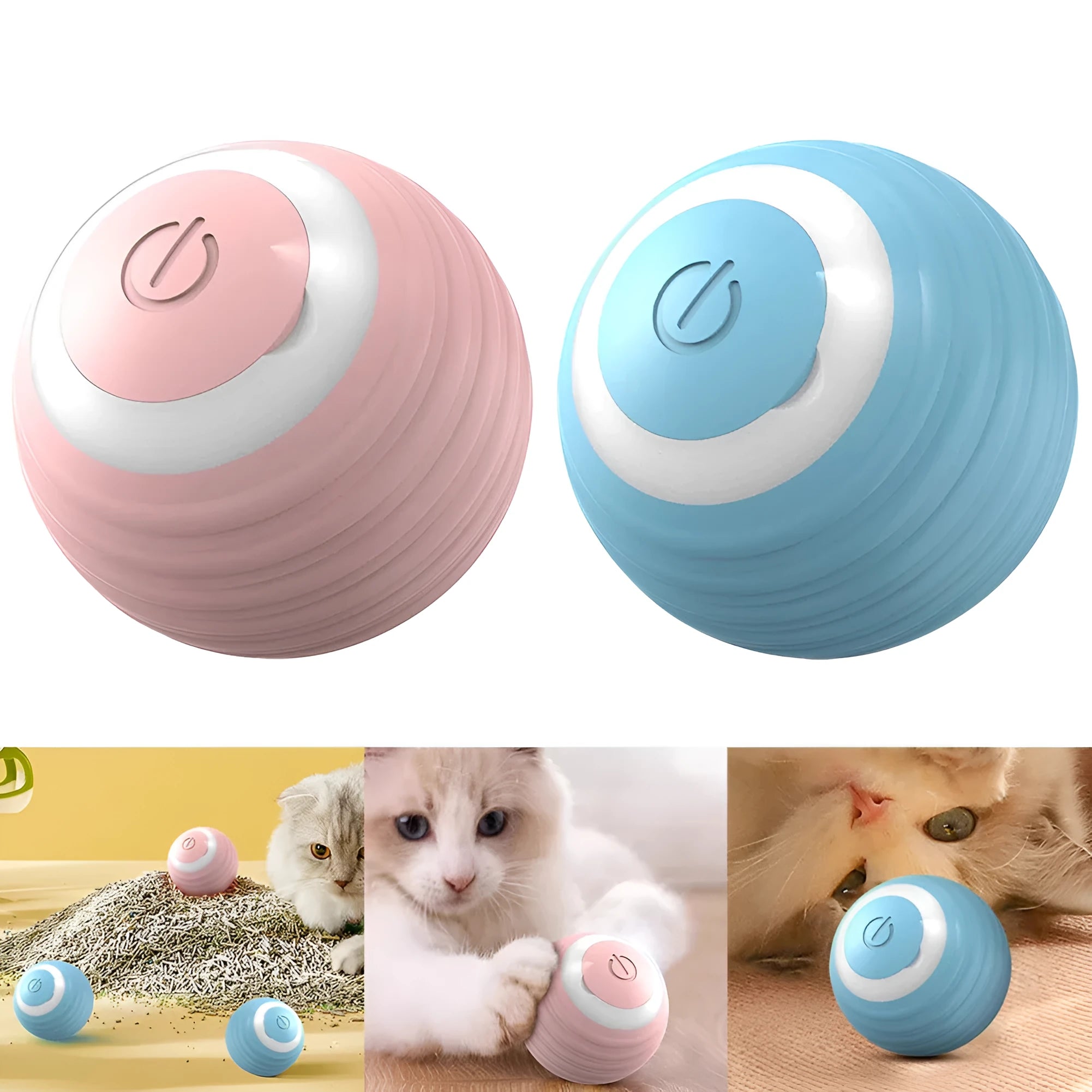 Blue and pink automatic rechargeable moving ball cat toy on a floor.