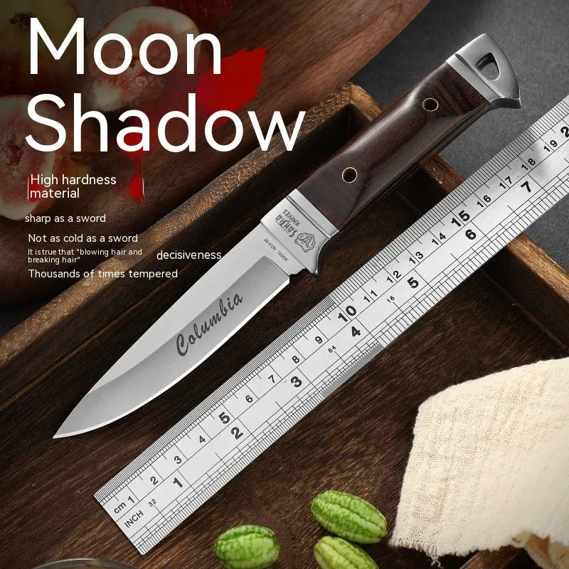 Camping portable fruit knife with stainless steel blade and brown leather sheath case