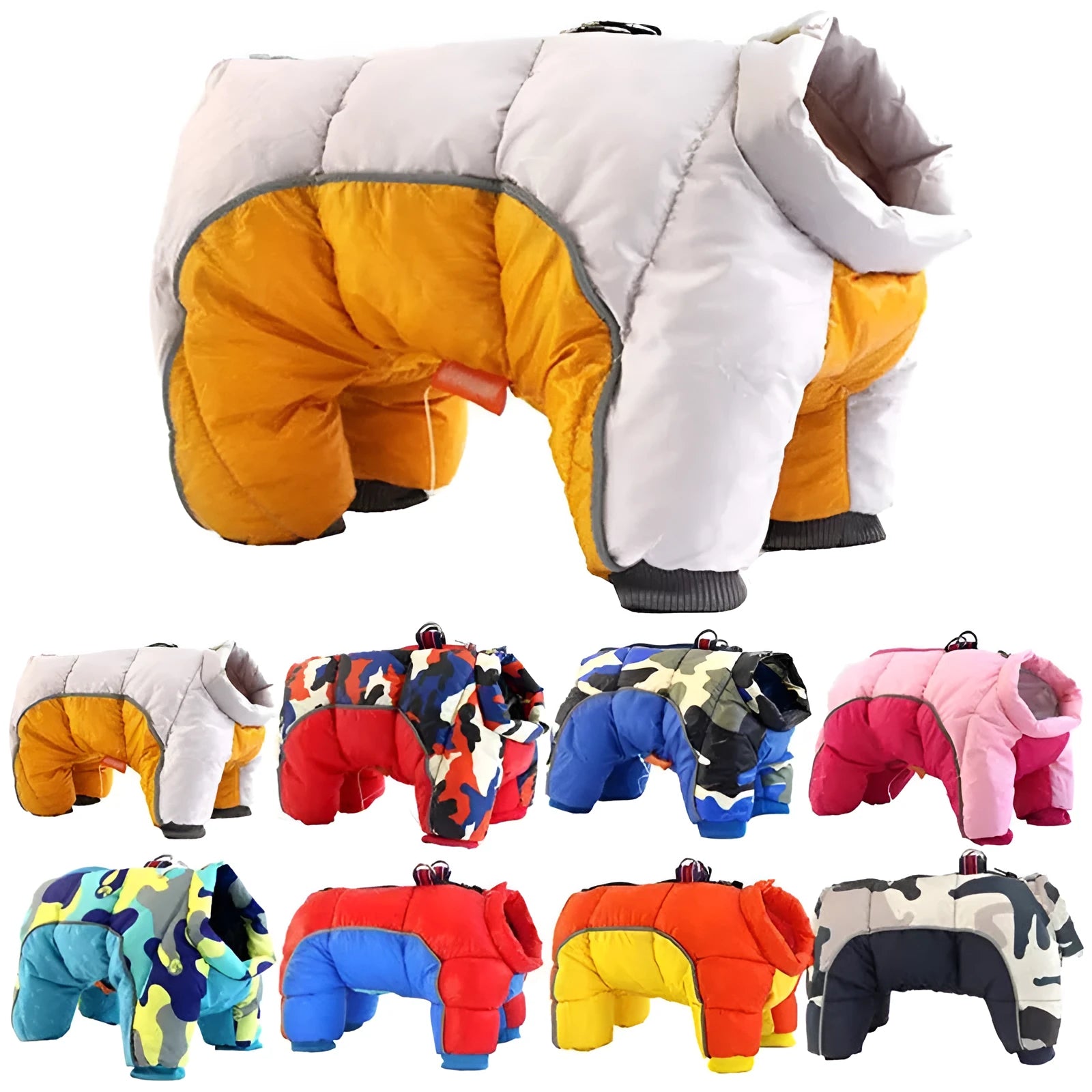 Dog wearing thick cotton winter down jacket in silver colour, standing on sofa