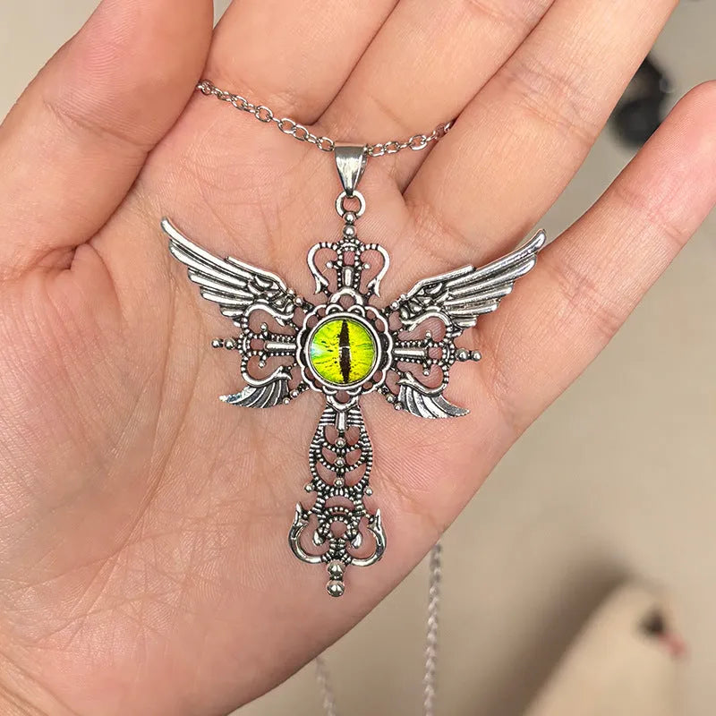 Geometric devil wings and cross alloy pendant necklace on a chain in blue, green, purple, red, yellow.