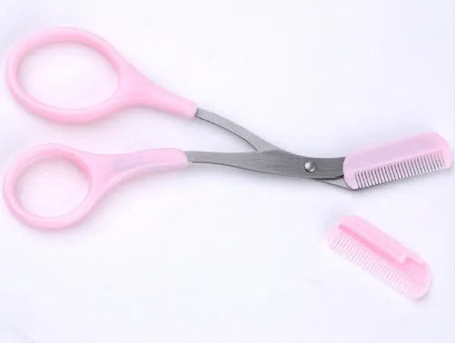 Pink eyebrow scissors and eyebrow comb set for brow shaping and grooming