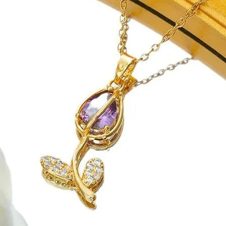 Zircon Tulip Necklace for women with adjustable O-ring chain and copper-plated gold flower pendant.