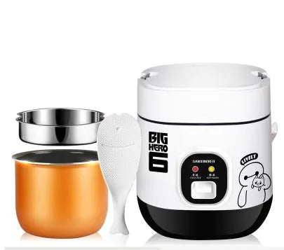 Compact round miniature rice cooker with non-stick pot and separate steam pan.