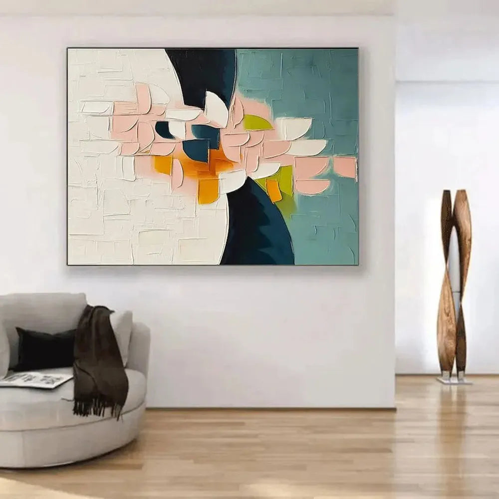 Hand-painted modern abstract floral oil painting on canvas with thick palette knife texture, unstretched and rolled