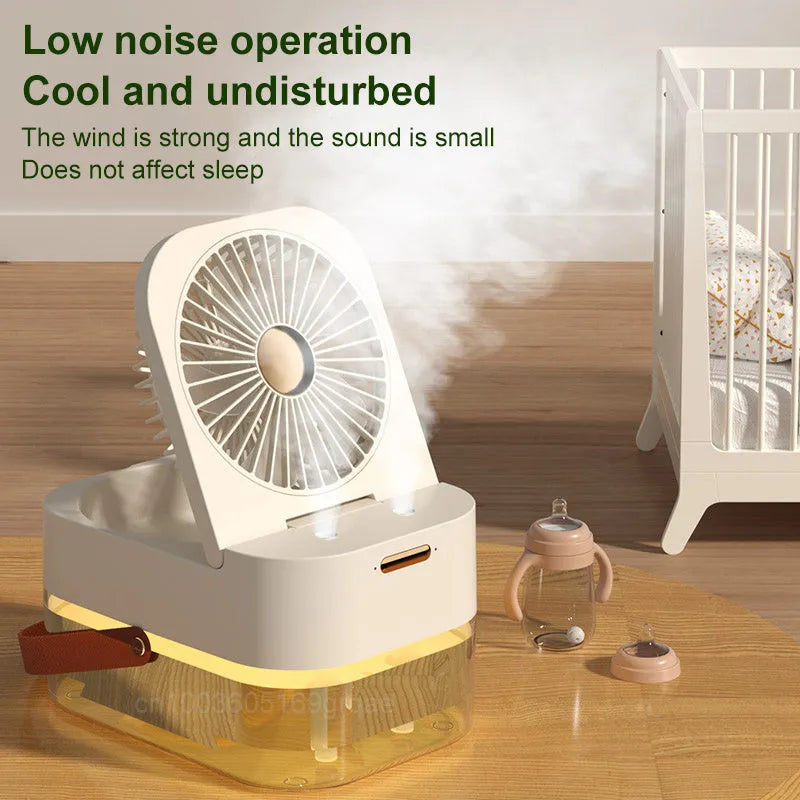 USB desktop humidifier spray fan with remote control in pearl white or forest green, showing 2.5L water tank and dual spray nozzles