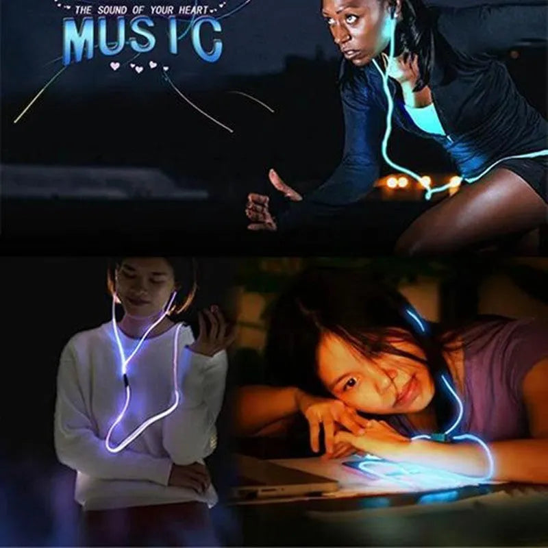 Blue LED light up earphones with 3.5mm plug and remote control, showing aluminium alloy ear shells.
