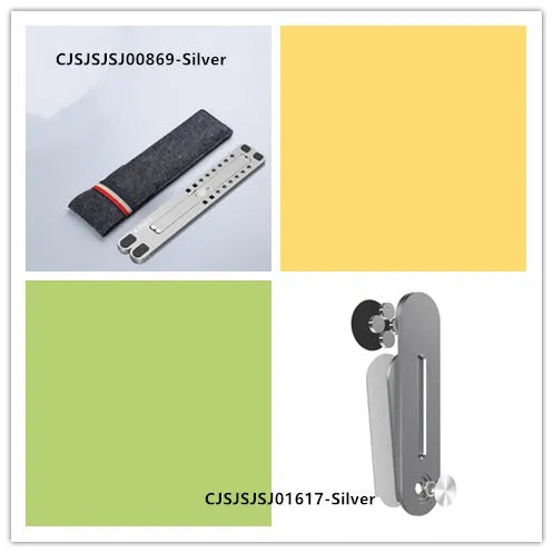 Aluminium foldable laptop stand in silver colour, shown open at an angle and folded flat.